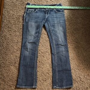 Rock & Roll Cowgirl Boot Cut Jeans in Distressed Blue Denim